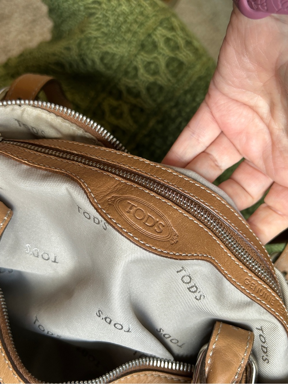 TOD’S Navy Patent Coated Canvas Satchel with Brown Leather Trim - Picture 11 of 16